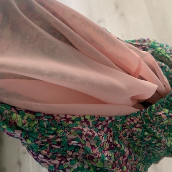 BCBGMAXAZRIA size S dotted mini dress 100% silk green purple layers tunic - Picture 14 of 15